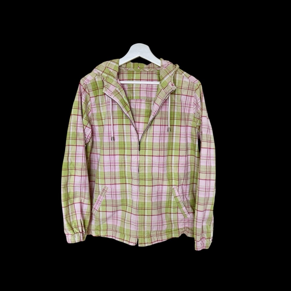 Women's 90's Vintage Plaid Hoodie Jacket Sz M/L Zip Up Lightweight Green Pink - Picture 1 of 6